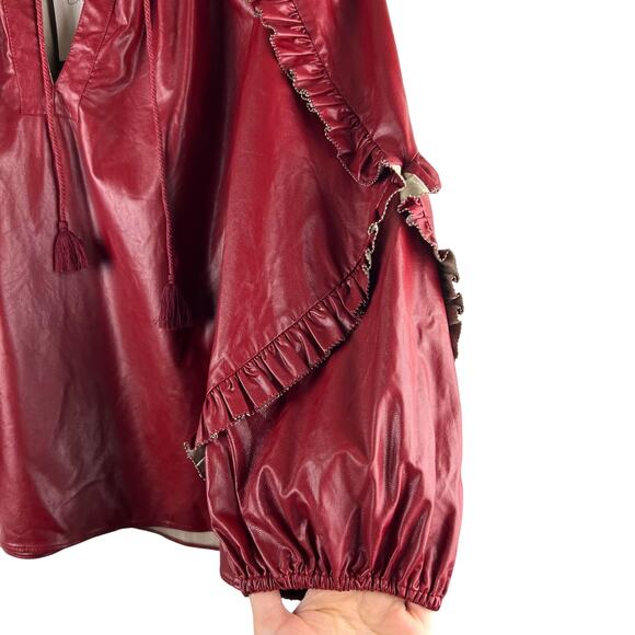 NEW Olivaceous Red Faux Leather Ruffle Top S Fringe Tassles 80s 90s - Picture 5 of 10